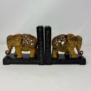 Unique Vintage Primitive Resin Craved Intricate Cutout Heavy Elephant Bookends